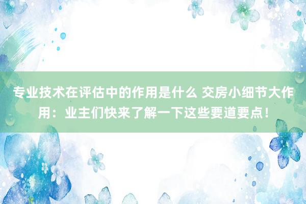 专业技术在评估中的作用是什么 交房小细节大作用：业主们快来了解一下这些要道要点！